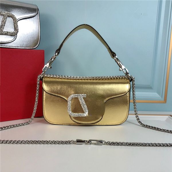 Trendy Woen's Totes Crystal Letter Clapper Delicate Chain Bag One Shoulder Oblique Span Portable Flaps Vintage Leather Underarm Bag