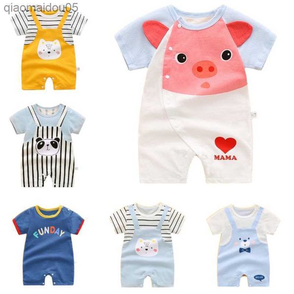 Macacão de peça única para bebê menino, algodão, estampado, alça de panda, manga curta, roupas estampadas 0-24M L230712