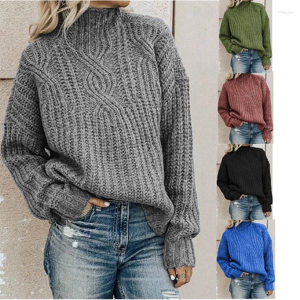 Kadın Sweaters Pullover Sonbahar Kış Moda Bayanlar Düz Renkli Sweater 2023 Yüksek Boyun Twist Örme Uzun Sleevec