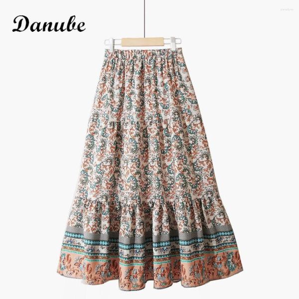 Saias Estampa Floral Vintage Boêmia Saia Longa Feminina Verão Casual Cintura Elástica Maxi Elegante Férias Linha A Plissada Praia