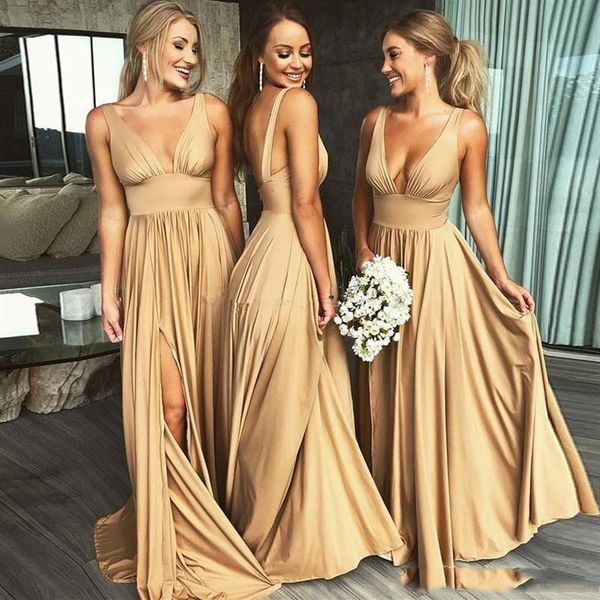 2019 Nuovo arrivo sexy scollo a V spacco laterale oro abiti da damigella d'onore di lunghezza del pavimento Champagne Beach Boho abiti da sposa Custom Mad260B