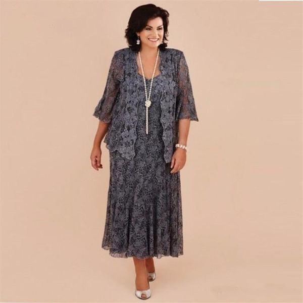 Plus Size Grau Spitze Mutter der Braut Kleider Mit Jacke Tee Länge Hochzeit Party Kleid Formale vestido de renda nach Maß273e