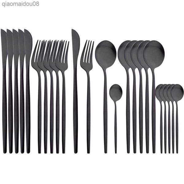 Drmfiy Matte Black Counterving Sathware Set 24pcs Minneware Set Set Shet Sleeple Steel Steel Western Knize Fork Fork Spoon Spoon Серебряные серебро L230704