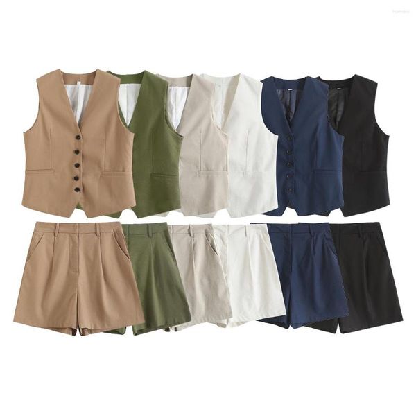 Damen-Trainingsanzüge, grün, blau, beige, Westen, ärmellose Jacken, Shorts, kurze Sets, Sommer-Outfits für Frauen 2023, 2-teiliger eleganter schwarzer Anzug