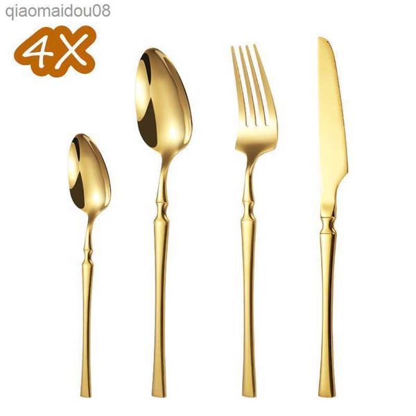 16pcs Set di posate Stoviglie Forchette Coltelli Cucchiai Lavastoviglie Sicuro Oro Acciaio inossidabile Stoviglie occidentali Argenteria Regalo di nozze L230704