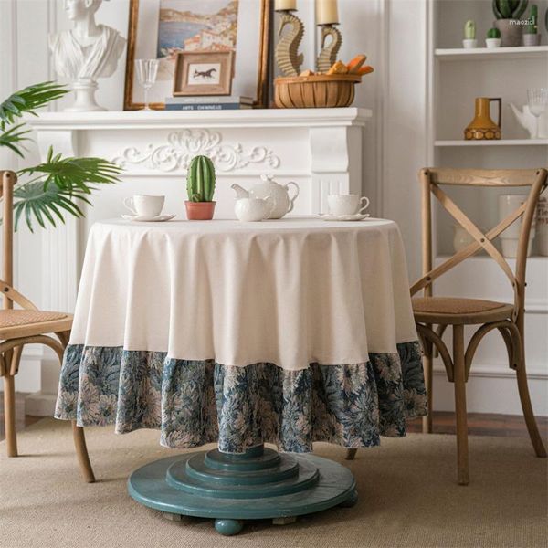 Tischdecke, Baumwoll-Leinen-Tischdecke, blau bedruckt, rund, ölbeständig und verbrühungshemmend, Kaffeebezug, Heimdekorationsset