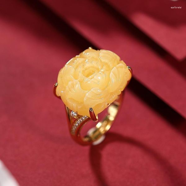 Anéis Cluster Vintage Luxo Natural Amarelo Calcedônia Flor Peônia Para Mulheres Clássico Design Ajustável Noivado Jóias Presente
