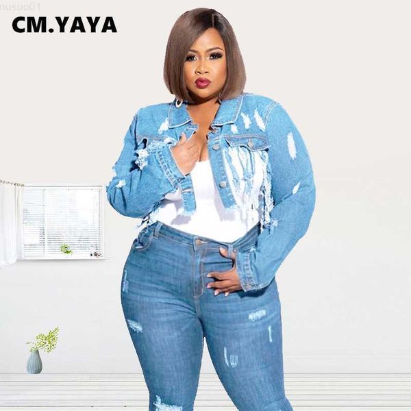 Jaquetas Femininas CM.YAYA Jaquetas Femininas Plus Size Sólido Rasgado com Borla Manga Completa Turn-down Colloar Corte Crop Casacos Fashion Streetwear Outono L230724