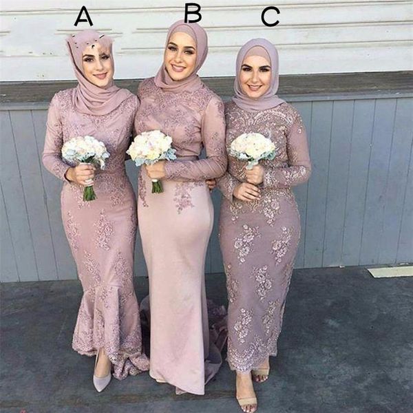 2020 Vestidos de Dama de Honra Muçulmanos de Manga Longa de Cetim de Alta Qualidade com Bainha de Aplique de Renda Hijab Convidados de Casamento Dama de Honra Adulto 308e