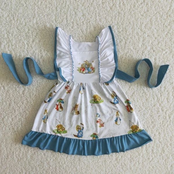 Großhandel Ostern Boutique Baby Mädchen Sommer Hase Kleidung Kurzen Ärmeln Blau Twirl Kleid Kinder Mode Kaninchen Kleinkind Kleidung