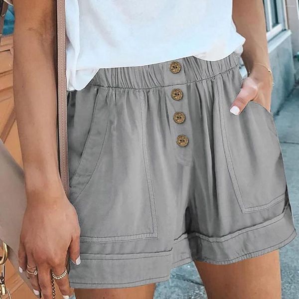 Frauenshorts 2023 Sommer Freizeit für feste Farbe hoher Taillenknopf mit Taschenladien Elastische Taille lose Hosen