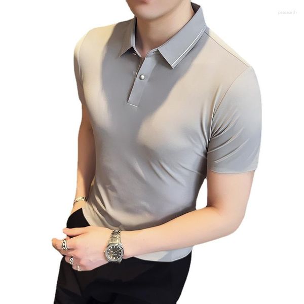 Herren Polos 2023 Britische Mode Eisseide Hohe elastische Spurlose Presse Kleber Revers T-Shirt Sense Kurzarm M-4XLPOLO Shirt
