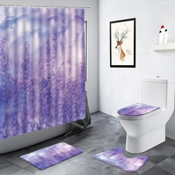 Tende da doccia Fiori di lavanda viola Tenda Tulipano Farfalla Pianta floreale Scenario Decorazioni per il bagno Tappetini per WC Tappetino antiscivolo Tappetini per WC Set