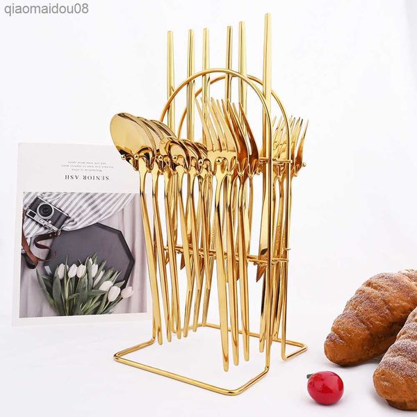 24pcs Gold Dinenware Set Kitchen Home Knife Fork Coffee Spoon Praish Wareware Оболочная посуда нержавеющая сталь с высококачественными стойками набор столовых приборов L230704