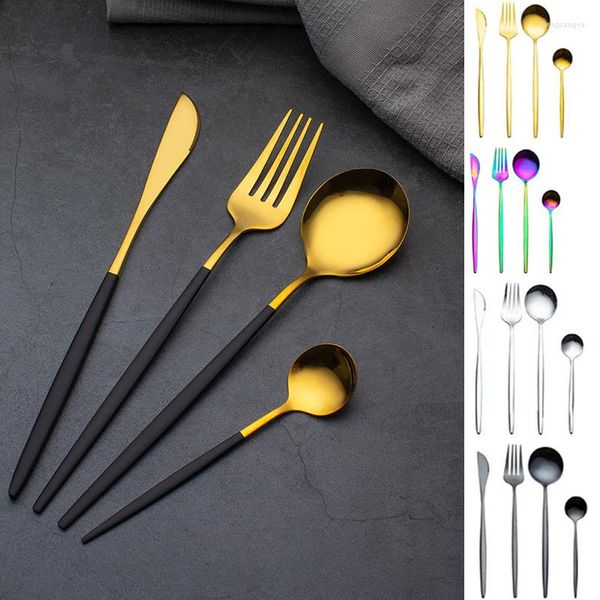 Set di stoviglie 4 pezzi Set di posate in acciaio inossidabile 304 Stoviglie placcate in oro brillante Coltello da bistecca occidentale Coltello forchetta Cucchiaio da tè Cena a casa