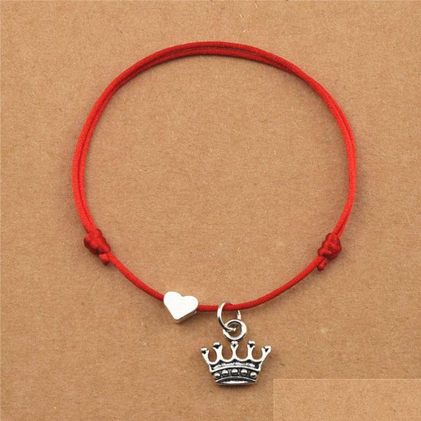 Charm Armbänder Neue Vintage Damenmode Liebe Herz König Königin Prinzessin Krone Anhänger Rote Kordel Handgefertigte Schwarzes Seil Freundschaft Drop D Dhlkq