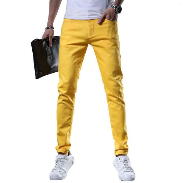 Calça Jeans Masculina Amarela Simples Trend Stretch Slim Lápis Cintura Média Bordada Cores Puras Roupas de Motociclismo