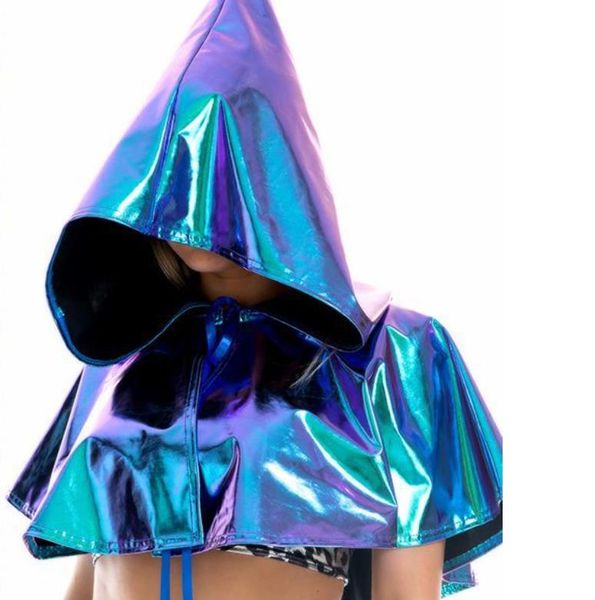 Metalik Parlak Kapşonlu Pelerin Noel Cadılar Bayramı Parti Parti Sparkle Holografik Mini Kaput Cape Gotik Kowl Şapka Cosplay Aksesuar Kadın Erkekler Altın Gümüş Mavi Kırmızı Pembe