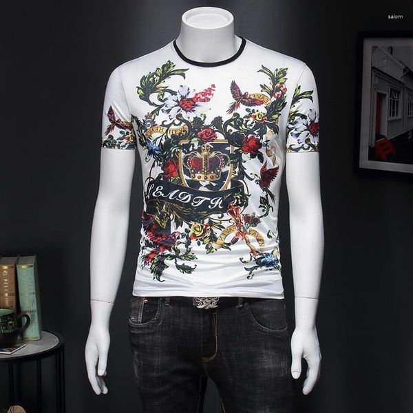 Camiseta Masculina Indústria Pesada Impressão Strass Slim T-shirt Personalidade Tide Marca Algodão Mercerizado Manga Curta Masculino Seda Gelo