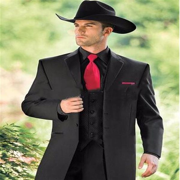 Smoking occidentale nero Cowboy Slim Fit Abito da sposo nero Abito da sposa per uomo Abito da ballo 3 pezzi Giacca Pantaloni Vest205p