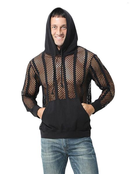 Erkek Hoodies Erkekler Seksi Fishnet Gömlek Bluzları Görmek Uzun Kollu Kapüşonlu Kazak Tank Top Kas Örgü T-Shirt Tops Clubwear