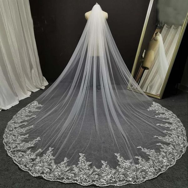 Real Image Glitzer Pailletten Spitze Langer Hochzeitsschleier 3 Meter Weiß Elfenbein Brautschleier Hochzeit Kopfschmuck Brautschleier319S