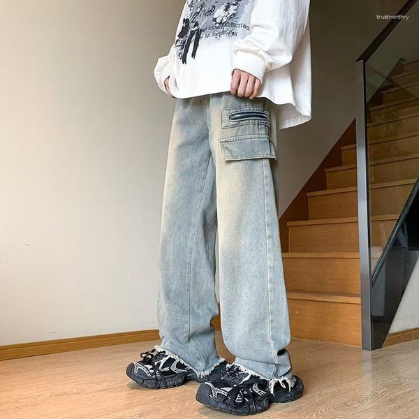 Jeans da uomo 2023 Autunno Pantaloni Cargo Streetwear Patchwork Gamba Larga Harajuku Casual Mopping Denim Abbigliamento Uomo Y2K