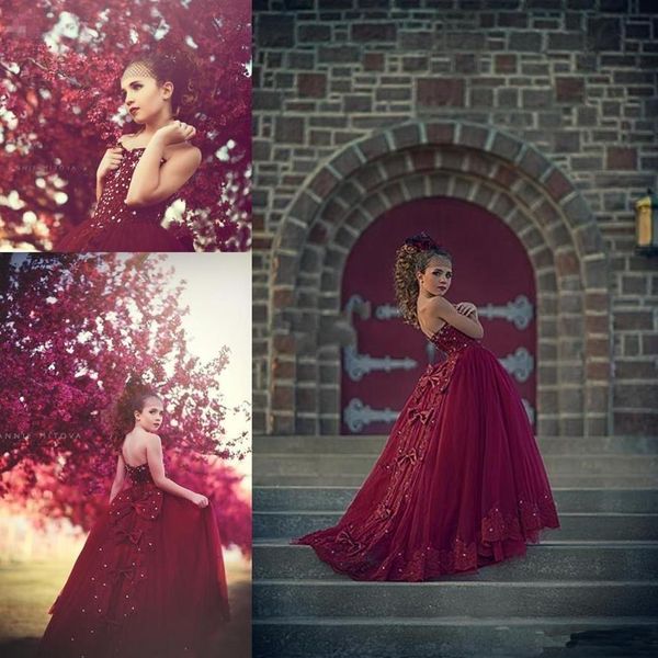 Arapça Tasarım Burgundy Kızının Pageant Elbiseleri Tül Aplike Boncuklu Yay Çocukları Resmi Glitz Çiçek Kız Elbiseler Küçük Kız P290W