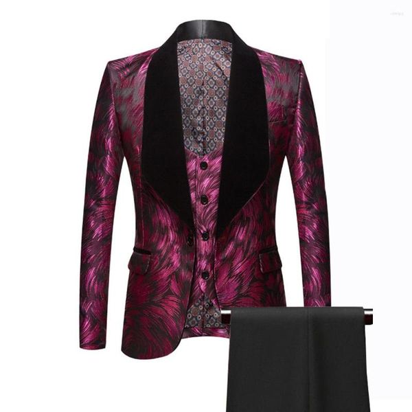 Herrenanzüge, elegant, mit Blumenmuster, weinrot, 3-teilig, Slim-Fit, für Abschlussball, Hochzeit, Bräutigam, Trauzeugen, Smoking, Samt-Revers, Blazer, Weste und Hosen