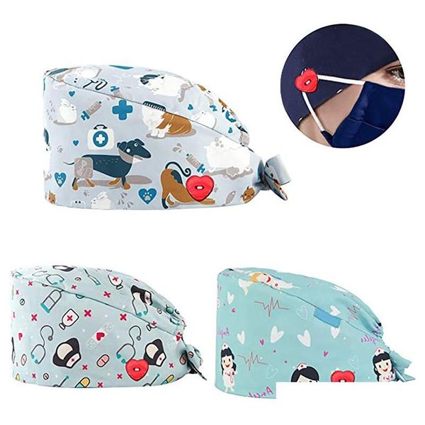 Gorro/Borros de Caveira Padrão de Desenho Animado Chapéu Esfoliante Médico Hospital Médico Trabalho Trabalhador da Saúde Boné Pet Clínica Enfermeira Esteticista Chapéus de Enfermagem Dr. Dhkab