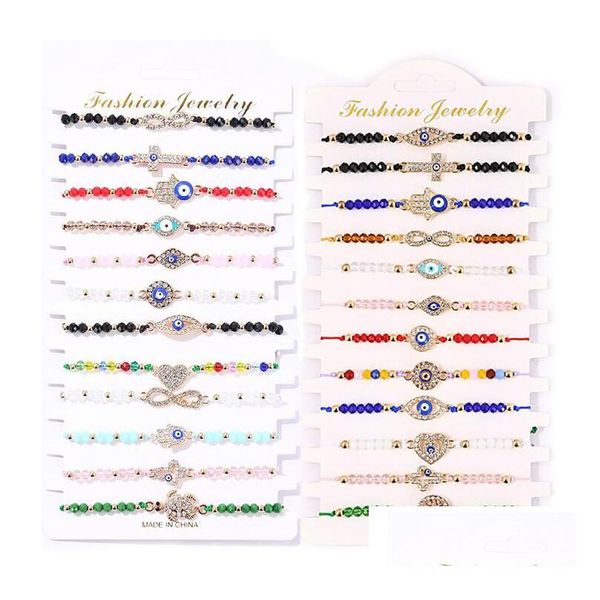 Charm Bracelets 12 Pçs/Set Blue Evil Eye Para Mulheres Árvore de Cristal Mão Cruz Coração Contas de Tartaruga Corda Corda Cadeia Ajustável Pulseira Joia Dhotm