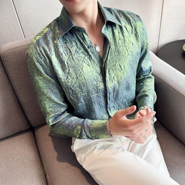 Camisas casuais masculinas com gradiente de personalidade design plissado manga longa 2023 verão gelo camisa de seda maré smoking floral
