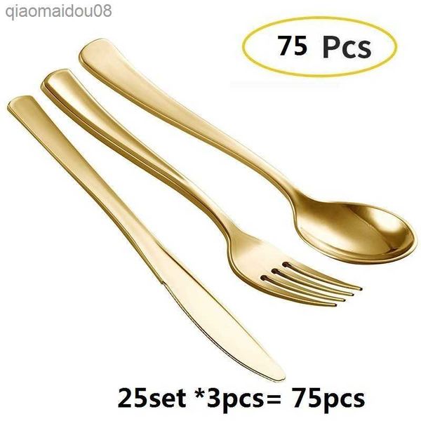 75-300 pcs Tek kullanımlık altın çatal bıçak takımı plastik düğün sofra seti bronz altın akşam yemeği bıçak çatal kaşık doğum günü gümüş eşyalar L230704