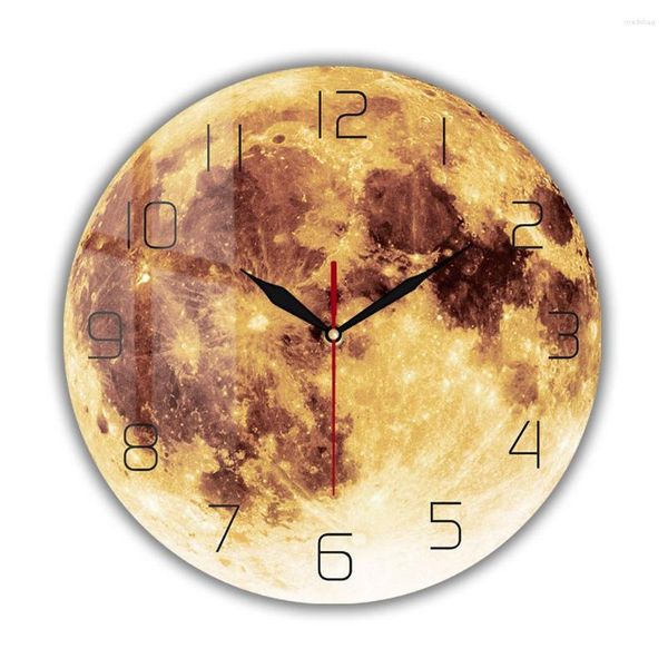 Orologi da parete Oro Luna piena Orologio in vetro acrilico stampato Design moderno Pianeta Decorazioni per la casa Spazio Opera d'arte Orologio al quarzo Silent Sweep