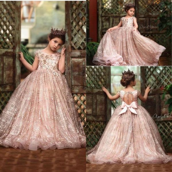 2020 Neue Rose Gold Pailletten Blumenmädchenkleider Für Hochzeiten Spitze Pailletten Schleife Open Back Ärmelloses Mädchen Pageant Kleid Kinder Commun2417