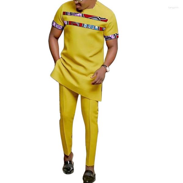 Fatos de treino masculinos Moda Africana Amarelo Conjunto Outfits Manga Curta Tops Patch Calças Estampas Nigerianas Ternos de Calças Masculinas Roupas de Festa Personalizadas