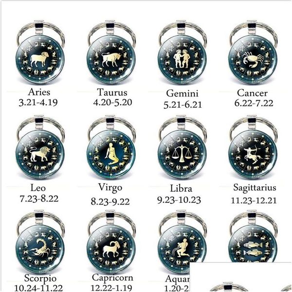 Chaveiros Colhedores Vintage 12 Constellation Vidro Cabochão Metal Chaveiro Zodíaco Jóias Feito à Mão Presente de Aniversário Para Homens Mulheres Drop D Dhqxr