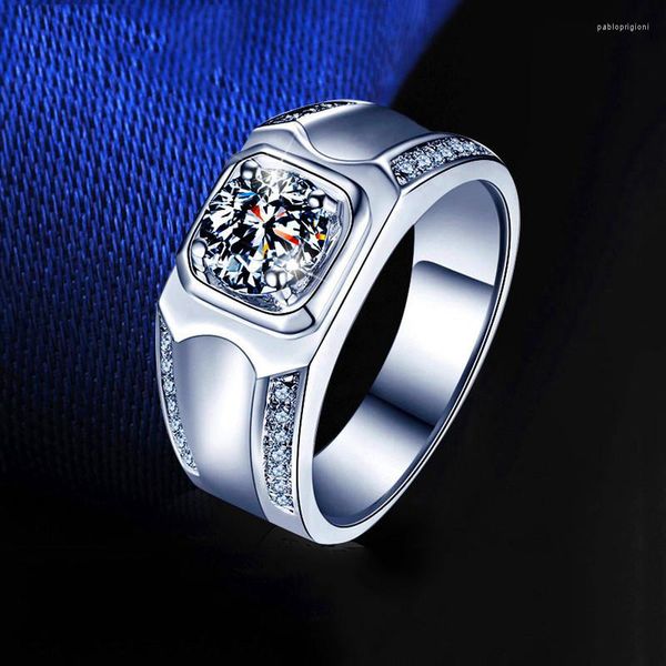 Anéis de casamento masculino feminino branco cristal pedra anel charme cor prata grande para homens mulheres clássico redondo zircão noivado