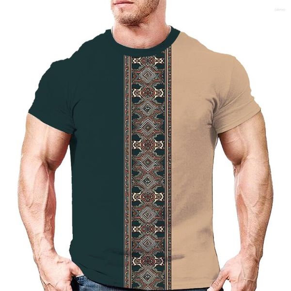 Camisetas masculinas estilo folk retrô camiseta masculina com estampa 3D oversized camisa de secagem rápida verão listras simples manga curta blusa casual