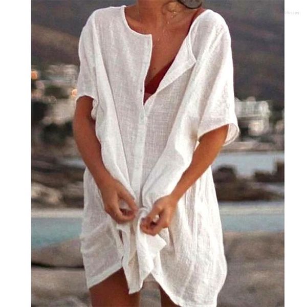 Blusas femininas 2023 camisas de algodão soltas de comprimento médio maiô feminino encobrimento túnicas para praia roupa de praia mini vestido branco azul grande