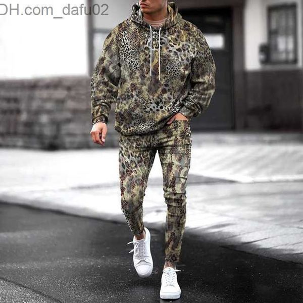 Tute da uomo Abbigliamento sportivo da uomo autunno / inverno 2023 due pezzi felpa con cappuccio super Dalian stampa leopardo maglione da jogging 3d + tuta sportiva Z230724