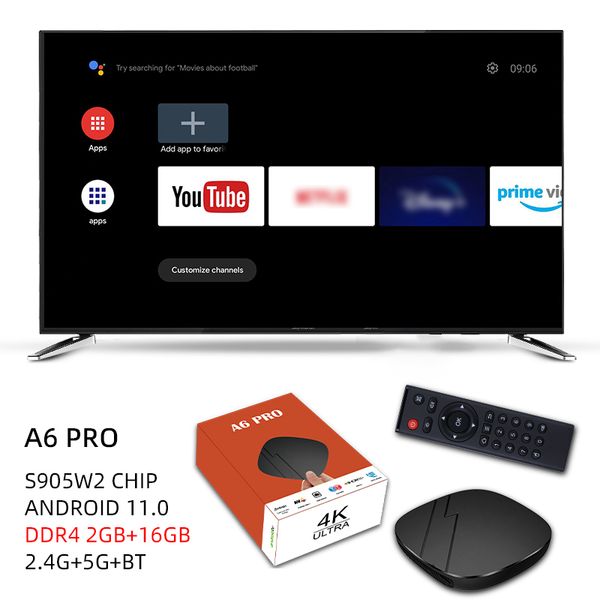 A6 Pro Android TV Box Android 11.0 LPDDR4 2GB 16GB 2.4G 5G WiFi Bluetooth Amlogic S905W2 AV1 4K Media Player Smart TV Box