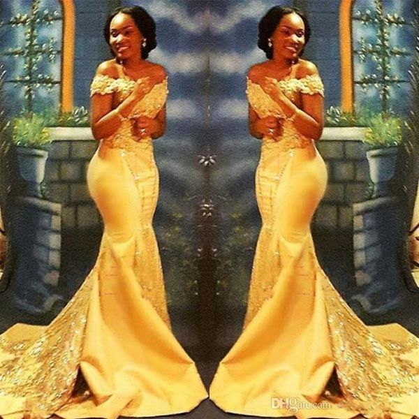 Vestidos de formatura sereia amarelo nigeriano africano longos 2019 ombros caídos renda cetim lantejoulas vestidos de baile BA8405229f