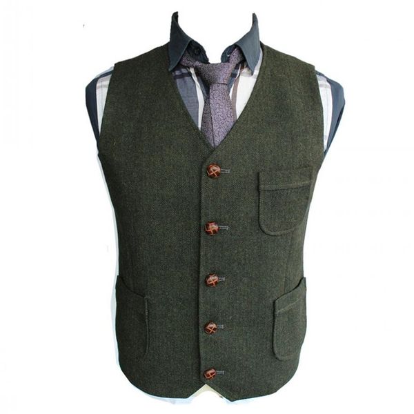 Colete Noivo Verde Escuro 2019 Casamento Country Lã Espinha De Peixe Tweed Colete Slim Fit Terno Masculino Colete Vestido Casaco Vestido Colete F211Q