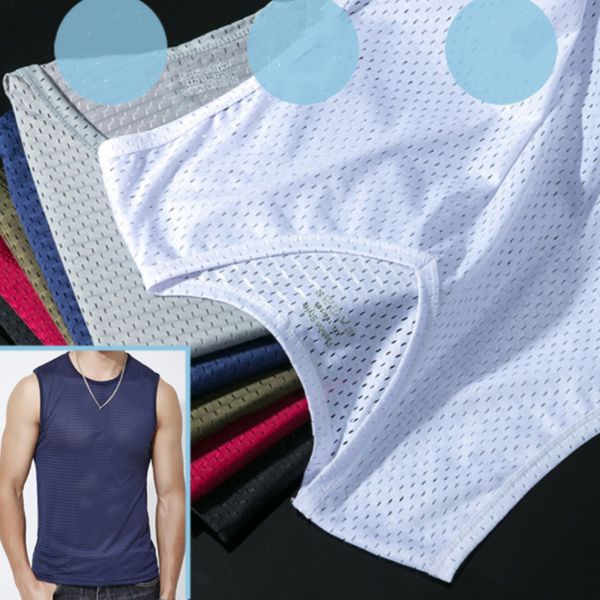 Regatas masculinas Colete de seda de gelo para homens Vestuário externo Secagem rápida malha respirável sem mangas camisetas 2023 verão legal praia viagens tanques l230724