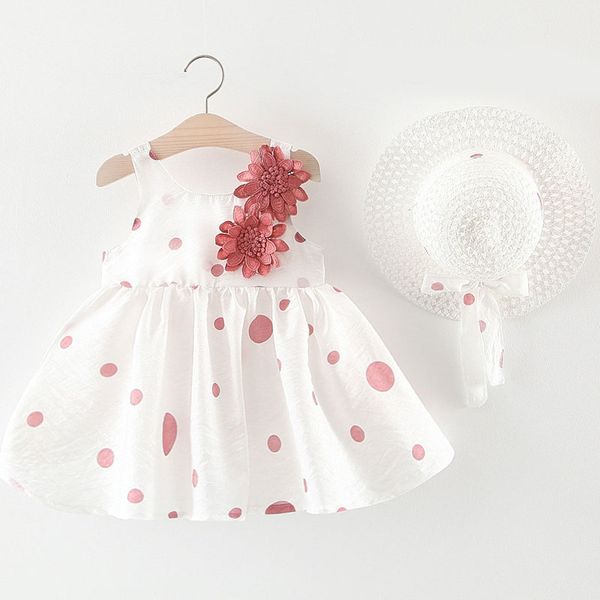 babzapleume roupa de verão vestidos de bebê menina lindos pontos flor sem mangas pequena princesa vestido de praia + chapéu de sol conjunto de roupas infantis 010