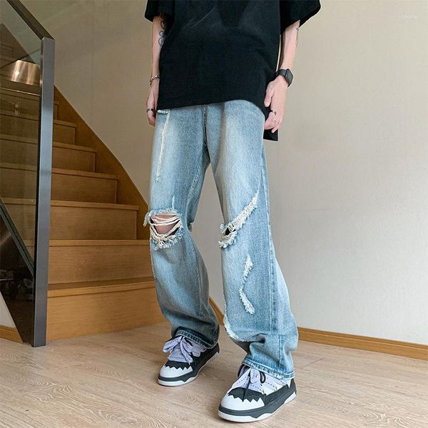 Männer Jeans TFETTERS Sommer 2023 Baggy Männer Ripped Retro Einfarbig Mittlere Taille Breite Bein Amerikanischer Stil Streetwear Casual Bottoms