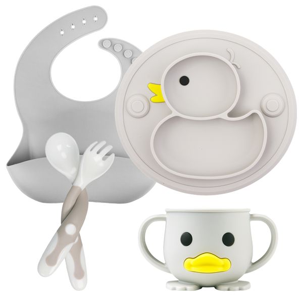 Tassen, Geschirr, Utensilien, 5-teiliges Set, Baby-Silikonteller, rutschfest, Füttern, Geschirr, Saugnapf, Trinkbecher, Lätzchen, Löffel, Gabel-Sets für die Entwöhnung des Babys, 230724