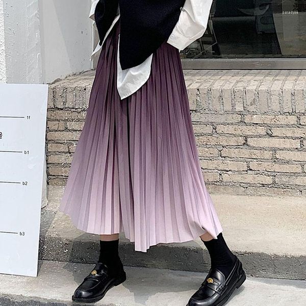 Röcke MEXZT Frauen Harajuku Gradienten Faltenrock Elegante Hohe Taille Elastische Midi Herbst Chic Koreanische Adrette A-Linie