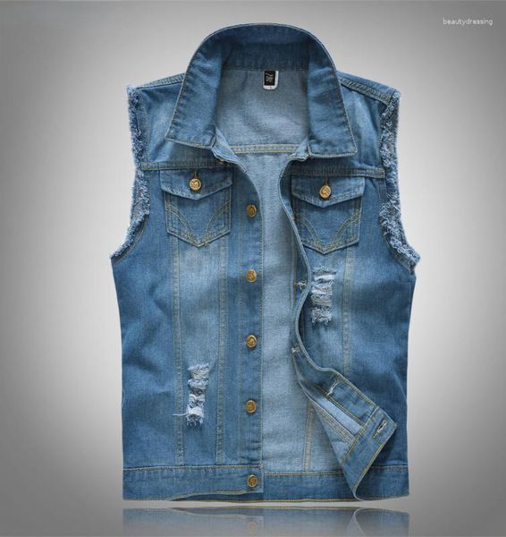 Herrenwesten Plus Größe 5XL 6XL Männer Denim Jacken 2023 ärmellose Multi-Taschen Jean Weste Tops Sexy Herren Loch zerrissene Jeansjacke